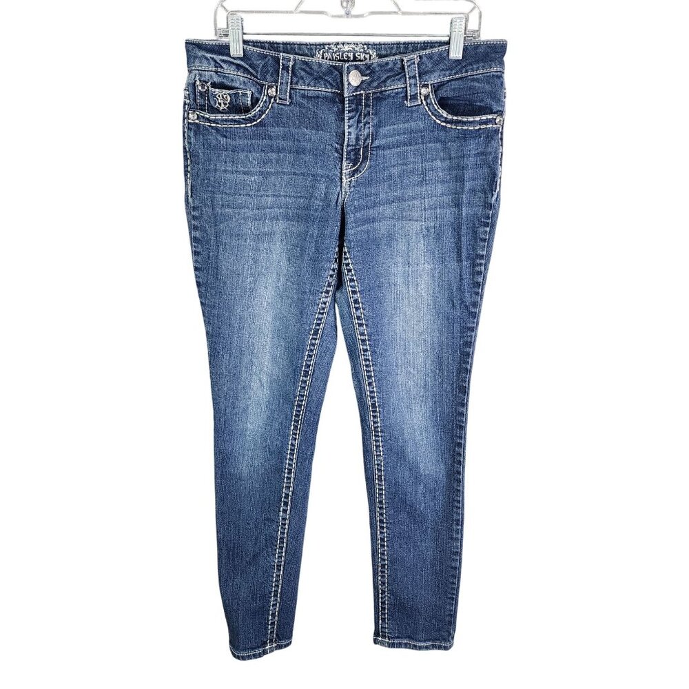 Womens Paisley Sky Denim Blue Skinny Jeans Mid Rise Medium Wash Size 12